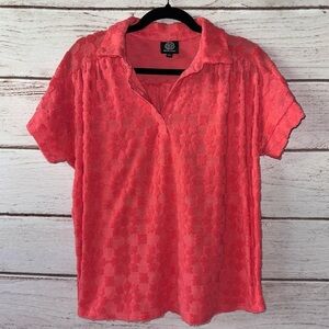 Bobeau Coral Textured Floral Short Sleeve Top – Women’s Size Large Summer Spring